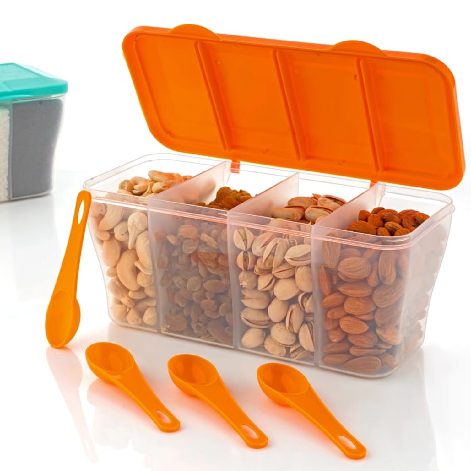 Kitchen Airtight 4-Section Storage Container / Pickle Jar with 4 Spoons (1 Pc / Mix Color) Kitchen Airtight 4-Section Storage Container / Pickle Jar with 4 Spoons (1 Pc / Mix Color)